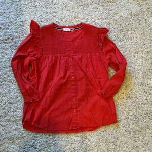 Fat FaceRed Ruffled Long Sleeve Blouse